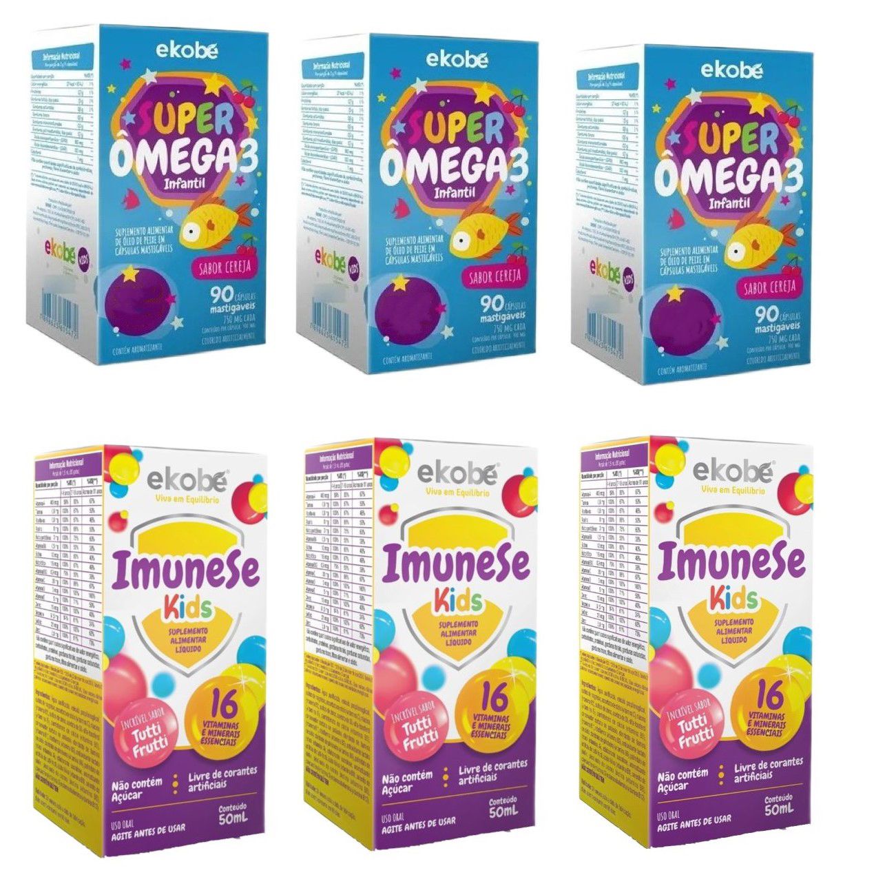 3x Super Ômega 3 + 3x Imunese Kids - 16 Vitaminas - Ekobé Kids