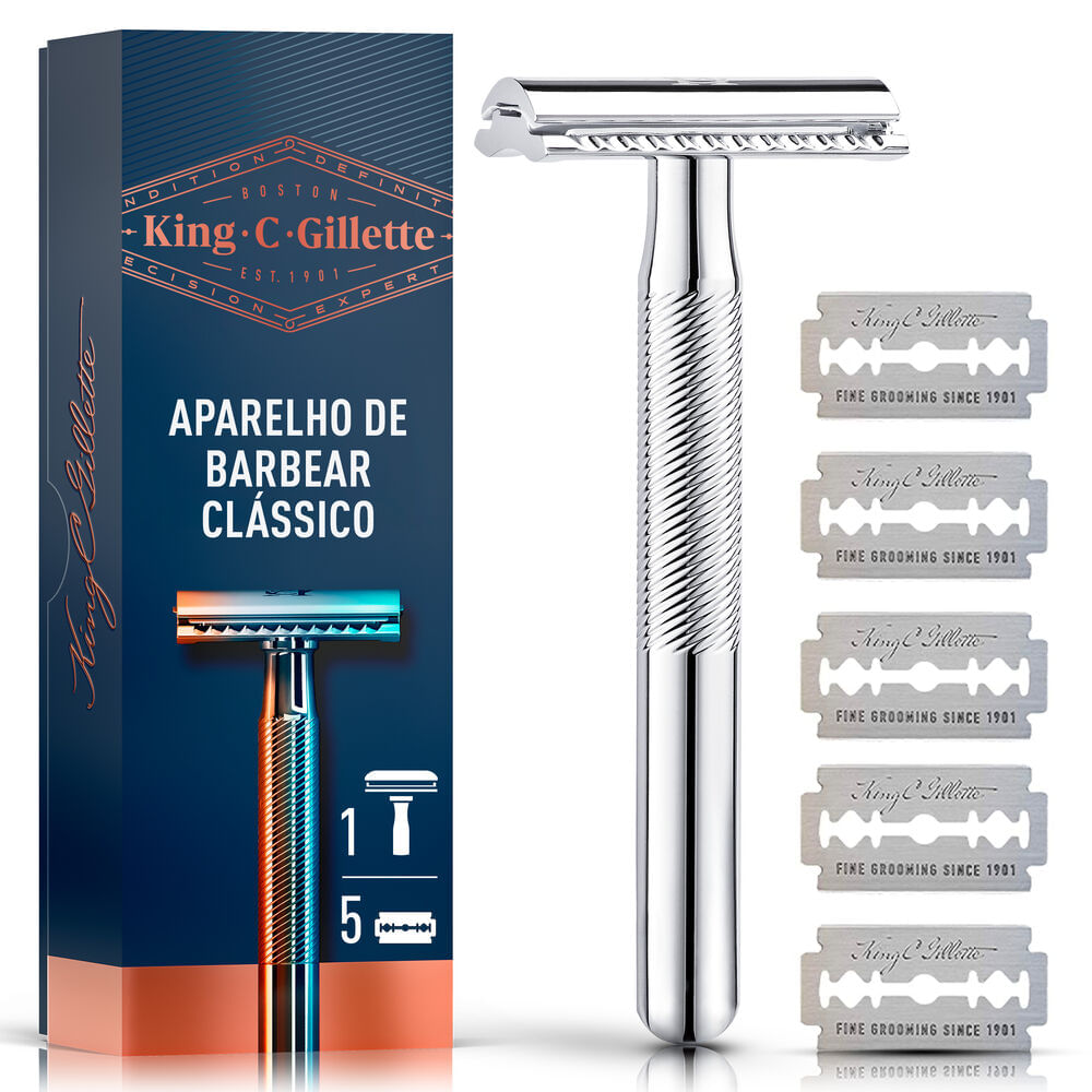 Kit Aparelho de Barbear Clássico Gillette King C 1 Unidade + 5 Lâminas de Barbear