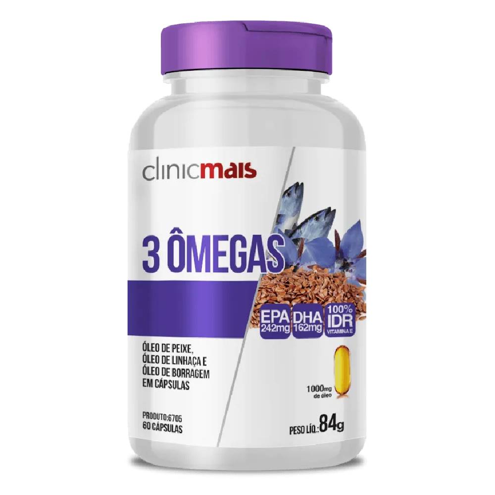3 ômegas ( Óleo de Peixe, Linhaça e Borragem) 60 cápsulas - Clinicmais