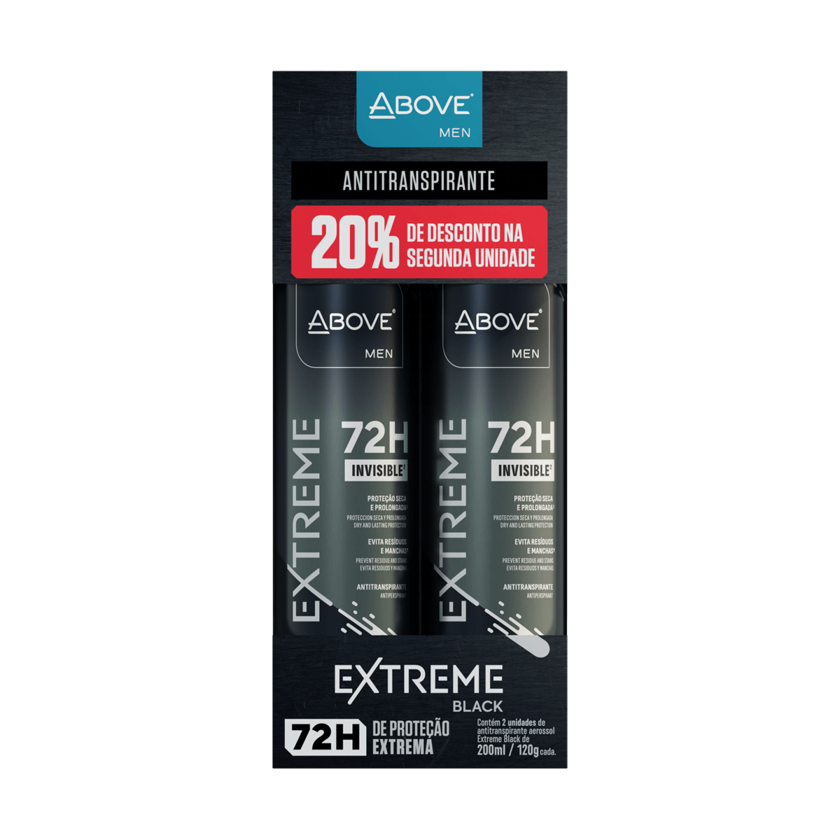 Kit Desodorante Antitranspirante Above Men Extreme Black Invisible 72h Aerossol 200ml 2 Unidades