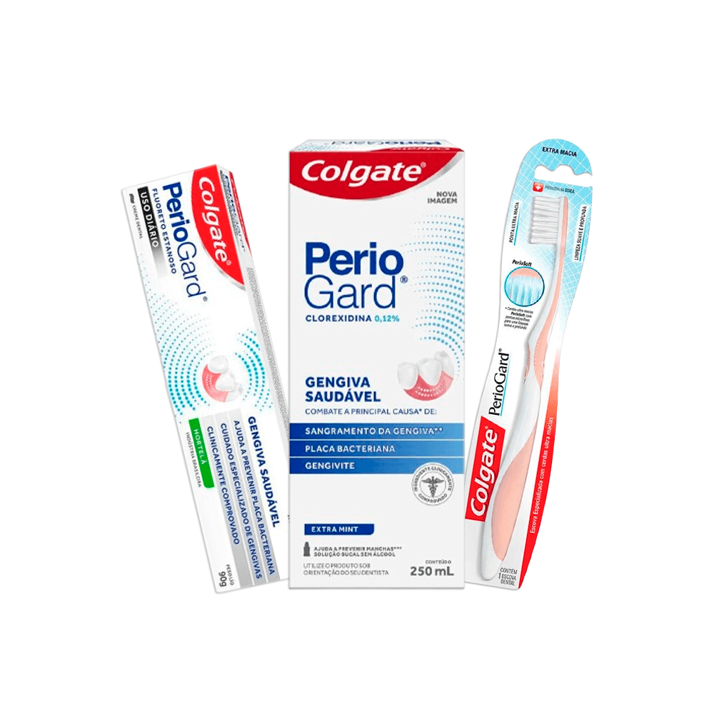 Kit Colgate Cuidado com a Gengiva Periogard Creme Dental 90g + Escova Dental 1un + Antisséptico Bucal Sem Alcool Extra Mint 250ml