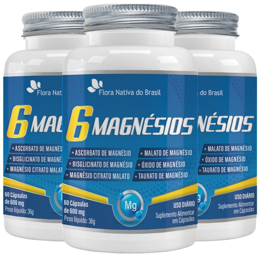 Kit com 3x 6 Magnésios (Taurato, Malato, Citrato, Ascorbato, Quelato e Óxido) - 60 Cápsulas - Flora Nativa