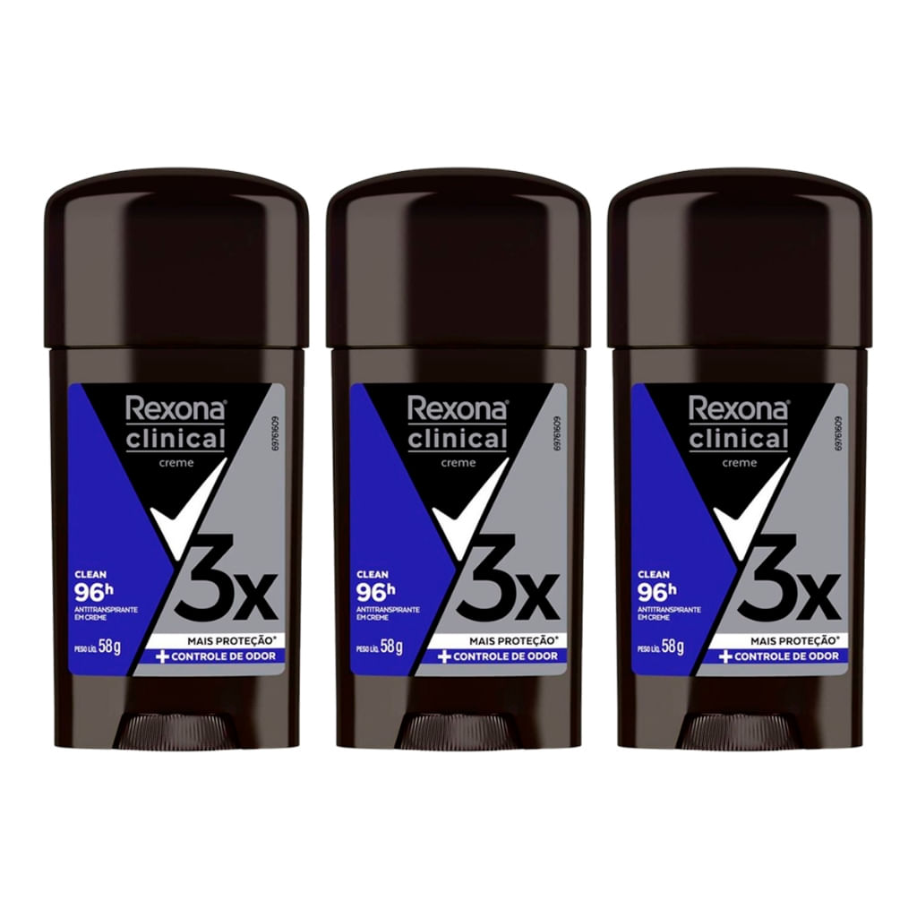Desodorante Rexona Clinical Clean Masculino 58g - Kit com 3 Unidades