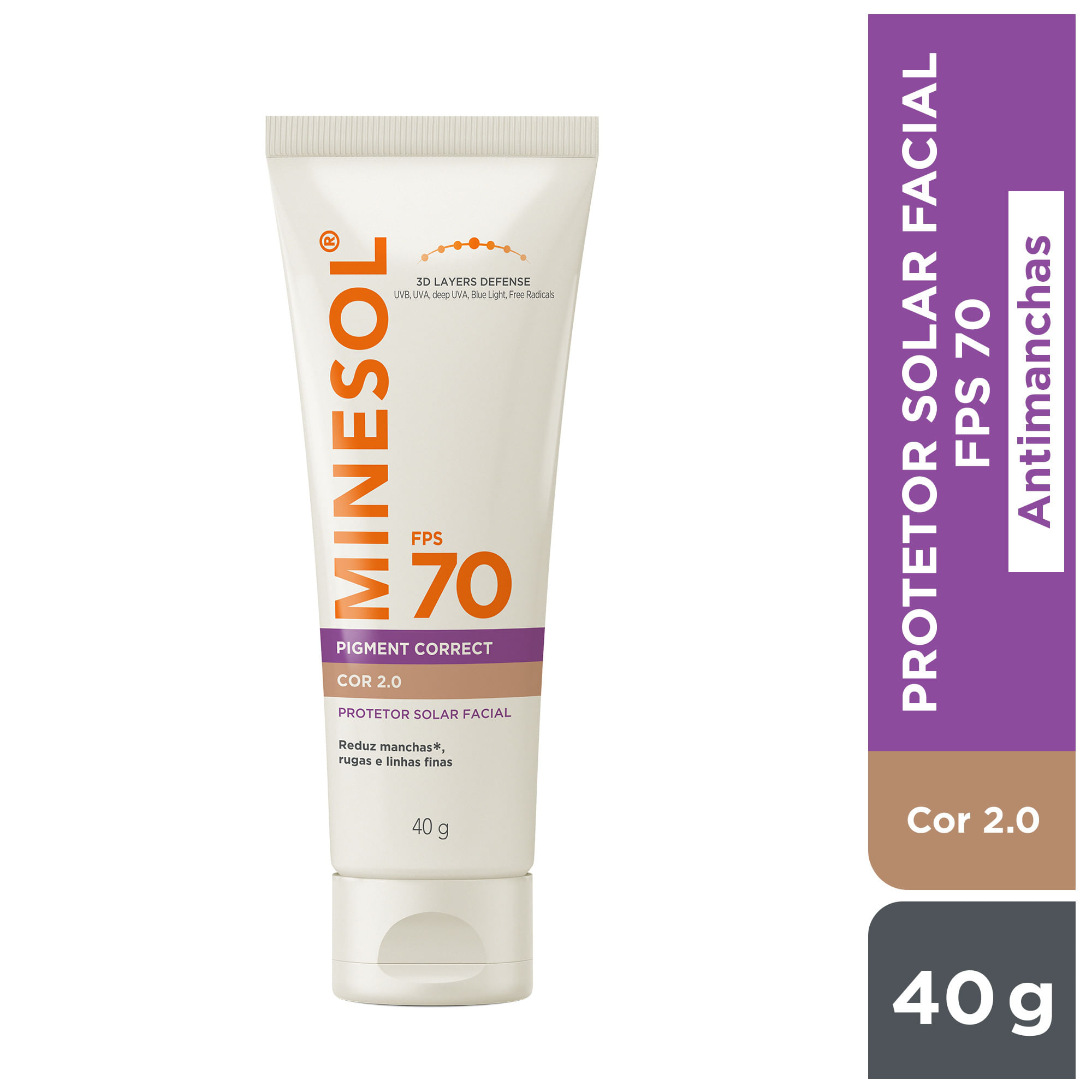 Protetor Solar Facial Minesol Pigment Correct Fps70 Cor 2.0 40g