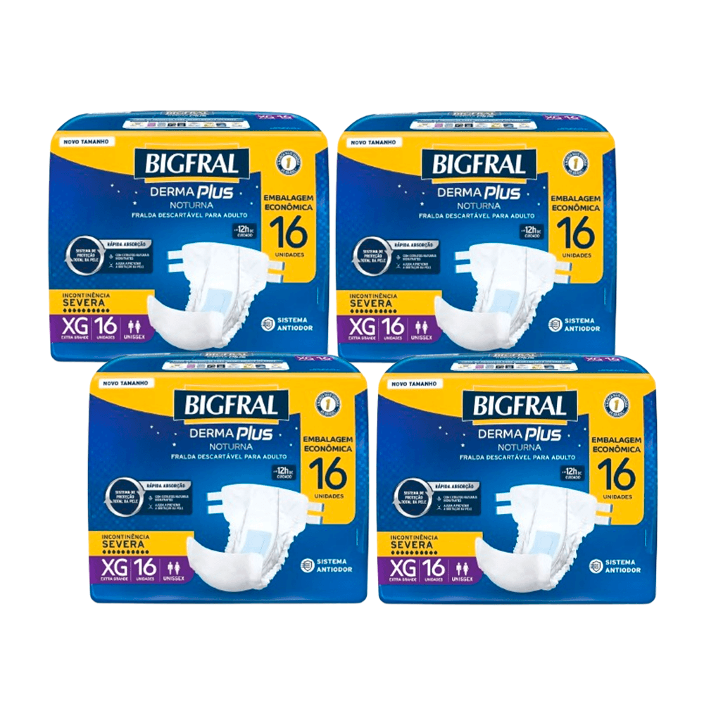 Kit Bigfral Fralda Geriátrica Descartável Derma Plus Noturna Incontinência Urinária Severa XG 4 Pacotes 16 Unidades Cada