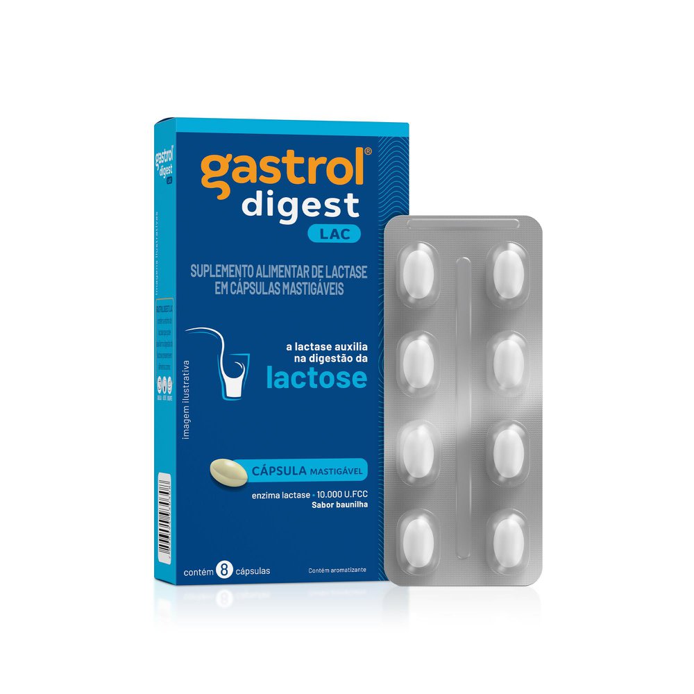 Enzima Lactase Gastrol Digest Lac 10000FCC Sabor Baunilha 8 Cápsulas Mastigáveis