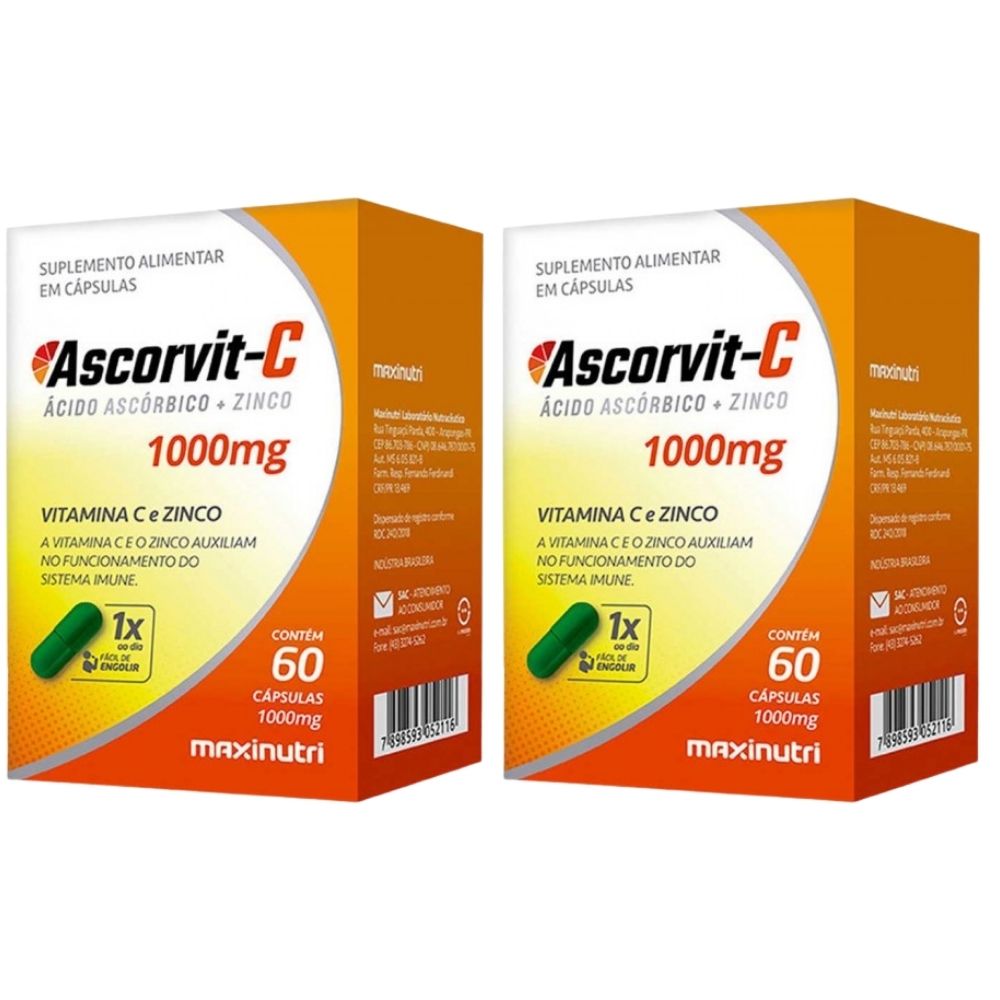 Kit 2x Ascorvit-C 1000mg (Vitamina C + Zinco) - 60 Cápsulas - Maxinutri