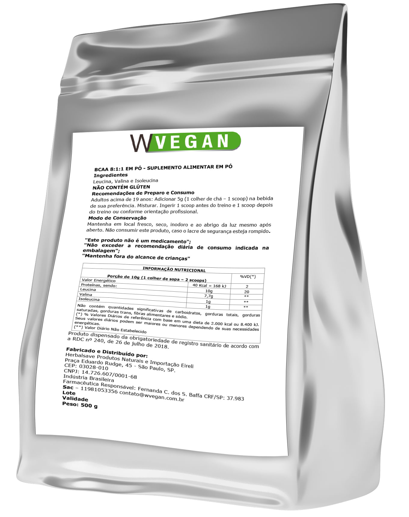 BCAA 8:1:1 Vegan 500g Embalagem Refil WVegan Vegano Aminoacido