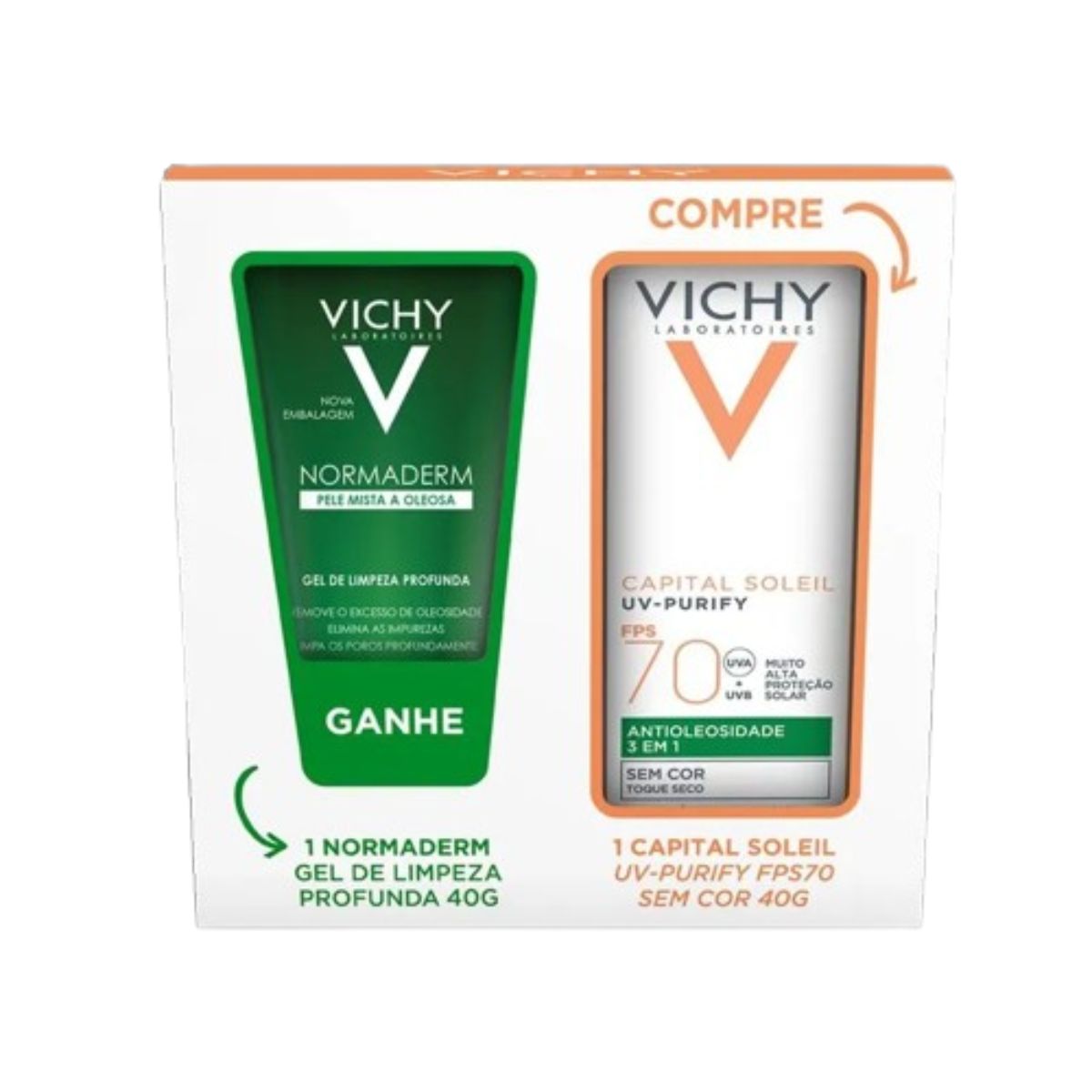 Kit Vichy Protetor Solar Facial Capital Soleil UV-Purify Sem Cor FPS70 40g 1 Unidade + Gel de Limpeza Facial Normaderm 50g 1 Unidade