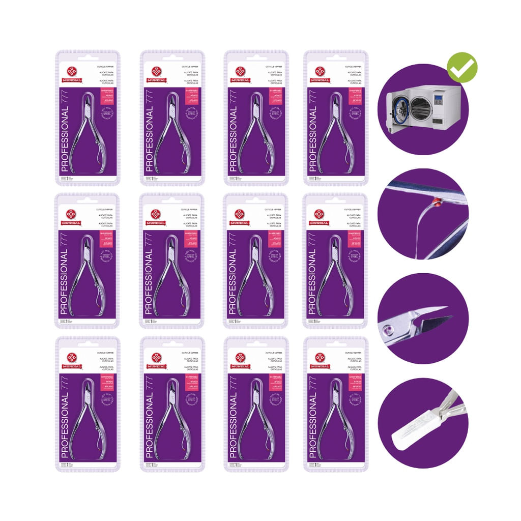 Kit com 12 Alicate Cutícula Manicure 777 Profissional Inox Mundial