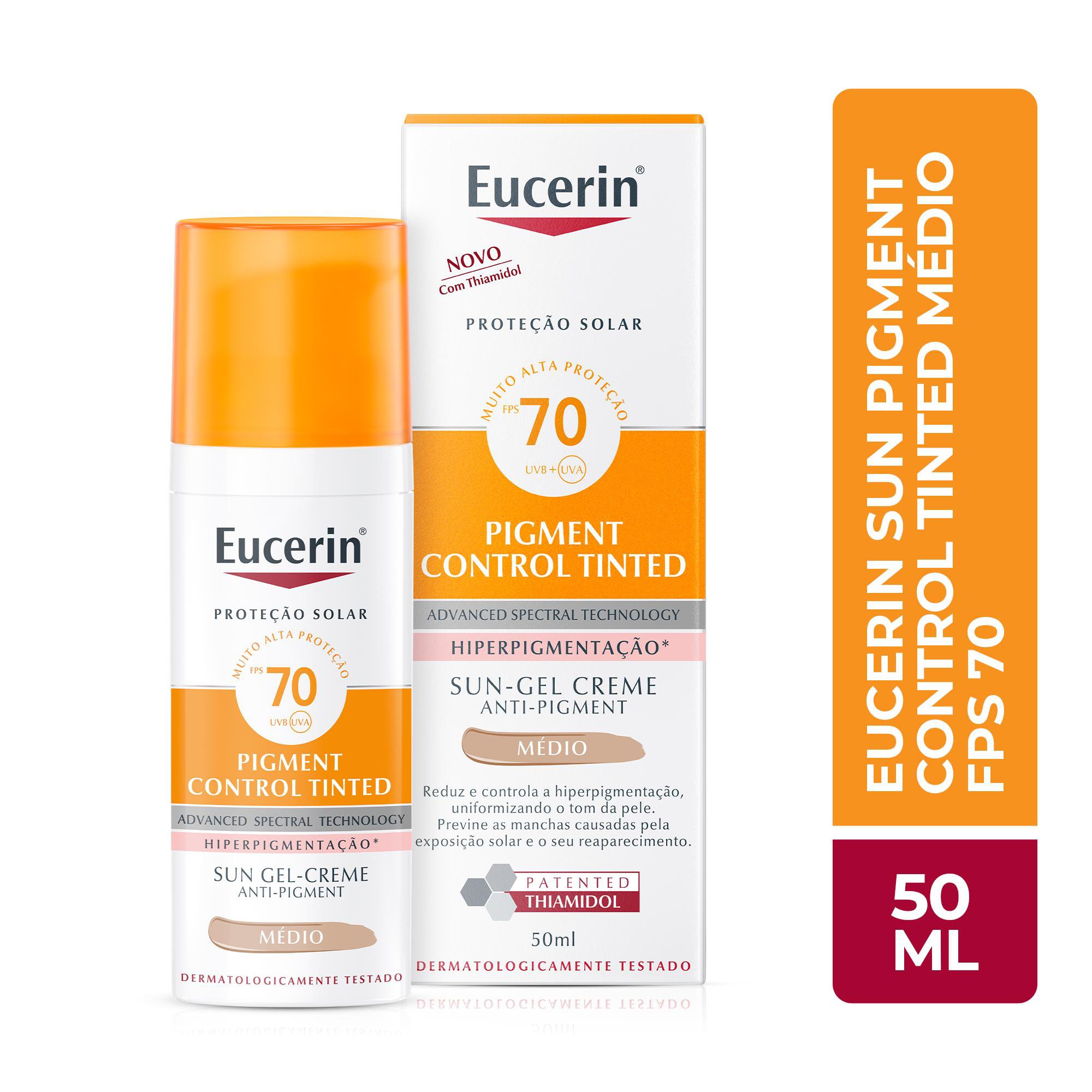 Protetor Solar Facial Eucerin Sun Pigment Control Tinted FPS70 Gel Creme Tom Médio 50ml