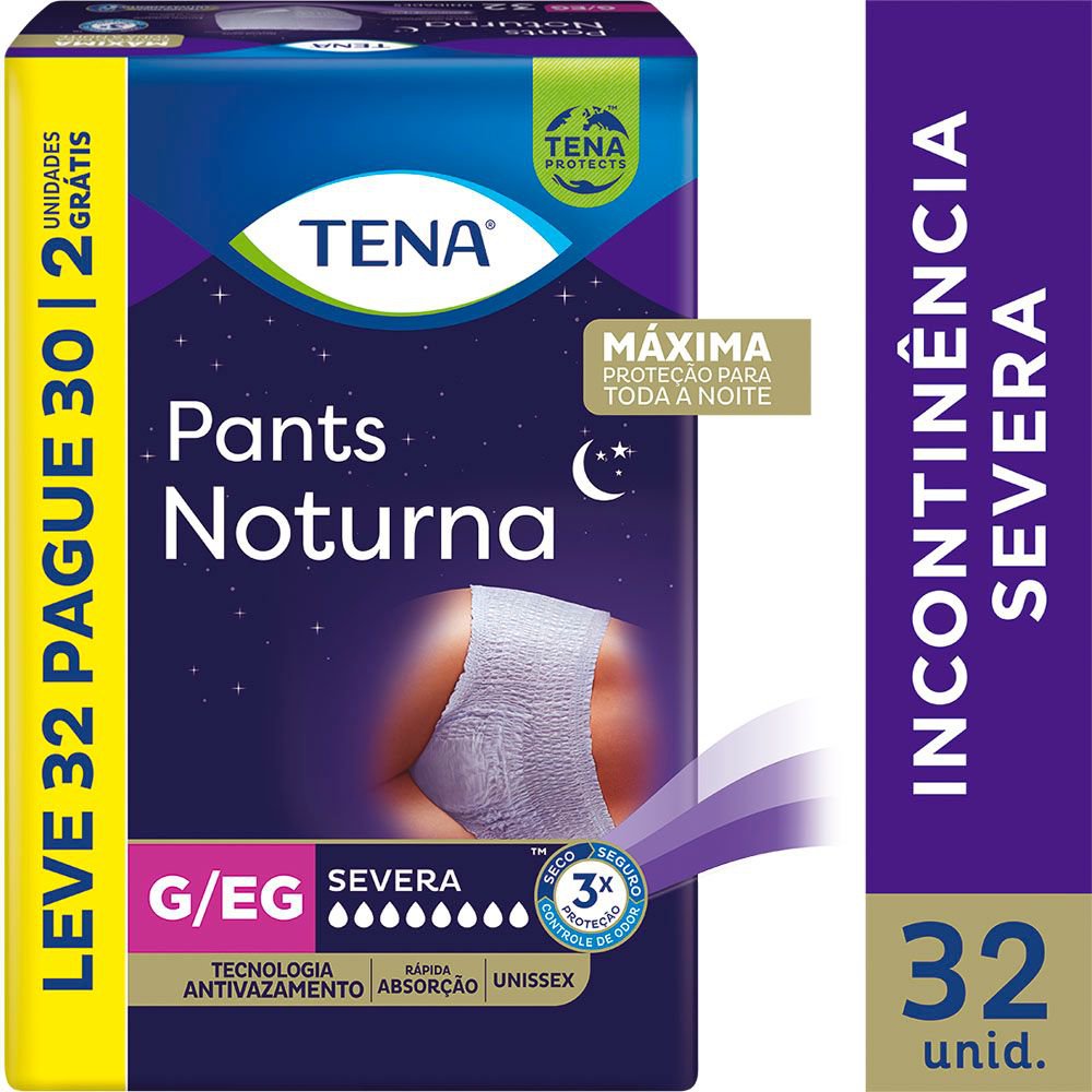 Roupa Íntima Descartável Tena Pants Noturna Incontinência Urinária Severa G/EG 32 Unidades