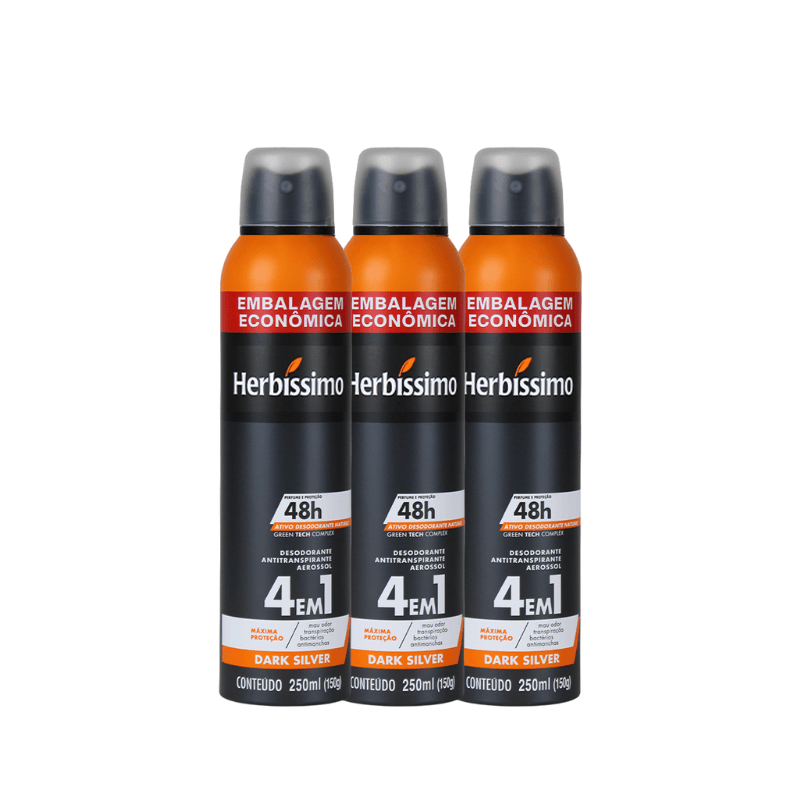 Kit Desodorante Aerosol Antitranspirante Herbíssimo Dark Silver 250Ml - 3 unidades