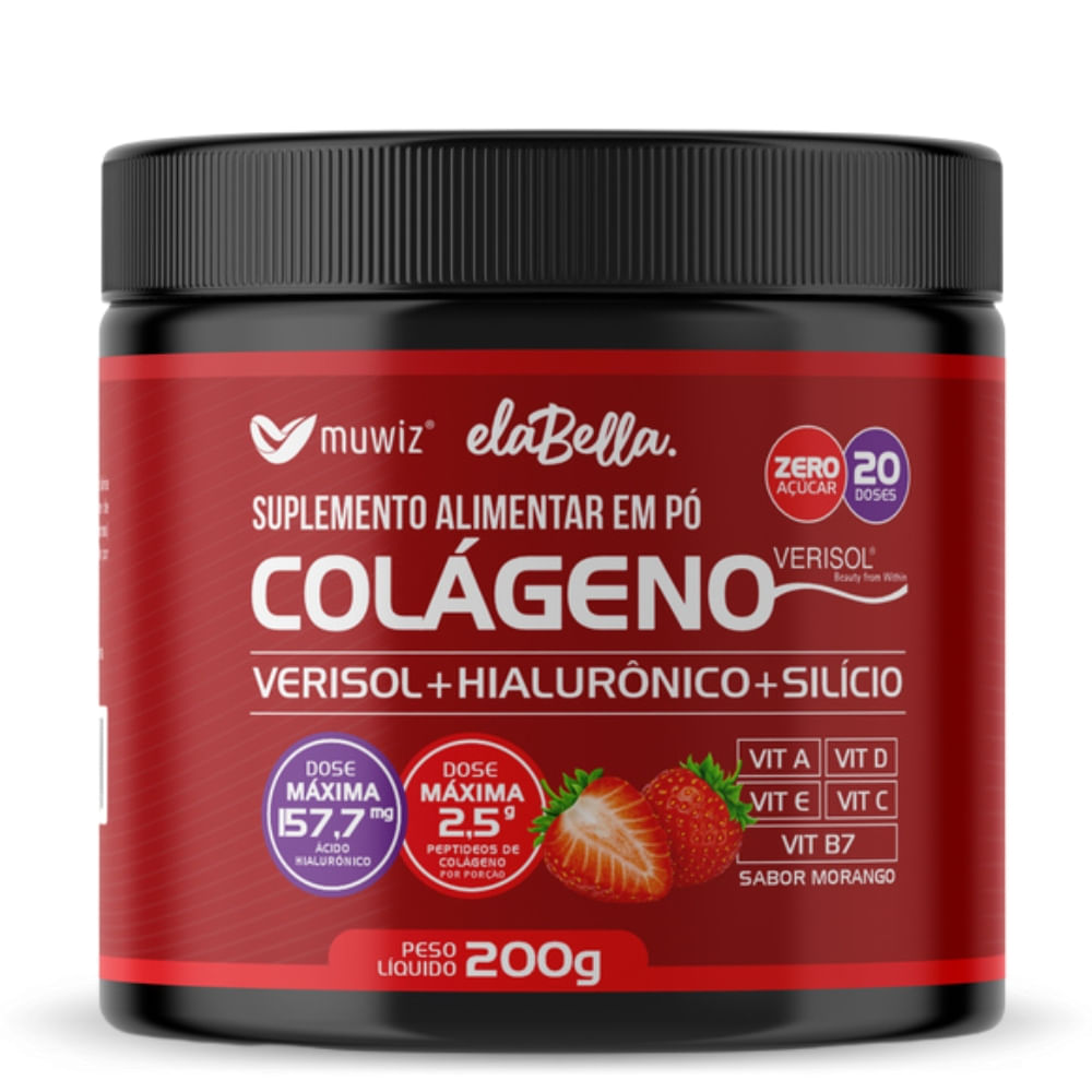Colágeno Verisol com Ácido Hialurônico 200g Sabor Morango Muwiz
