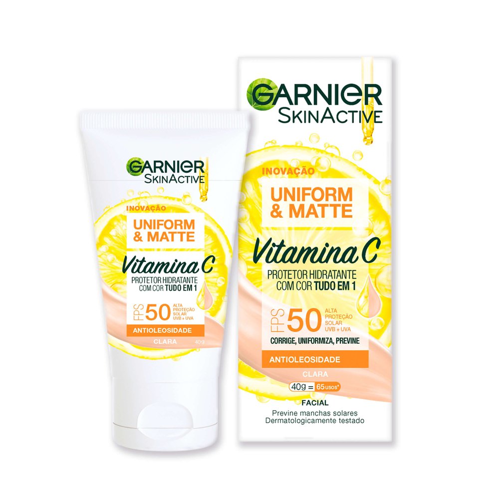 Protetor Solar Facial Garnier Uniform & Matte Hidratante Vitamina C FPS50 Cor Clara 40g