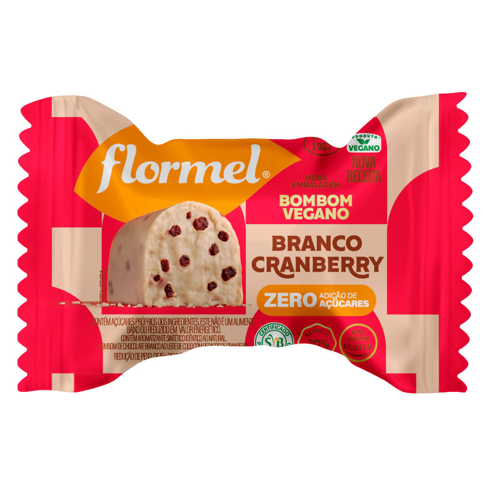 Bombom de Chocolate Branco ao Leite De coco Com Pedaços De cranberry sem adição De açúcar Flormel Pacote 12g