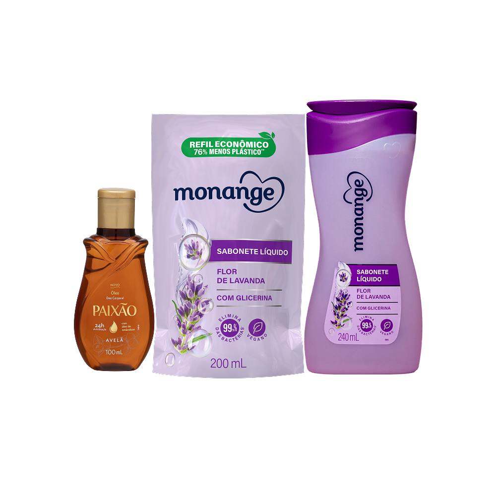 Kit Monange E Paixão Óleo Corporal Amêndoas e Avelã + Sabonete Líquido Flor de Lavanda 240ml + Refil 200ml