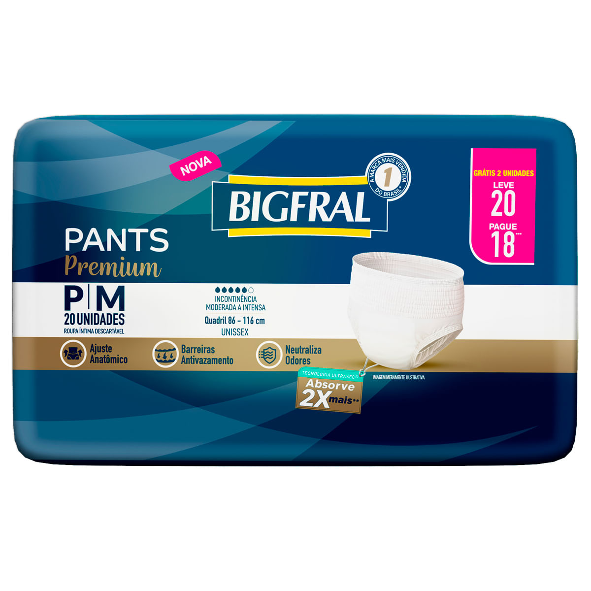 Roupa Íntima Descartável Bigfral Pants Premium Incontinência Urinária Moderada a Severa Tamanho P/M 20 Unidades