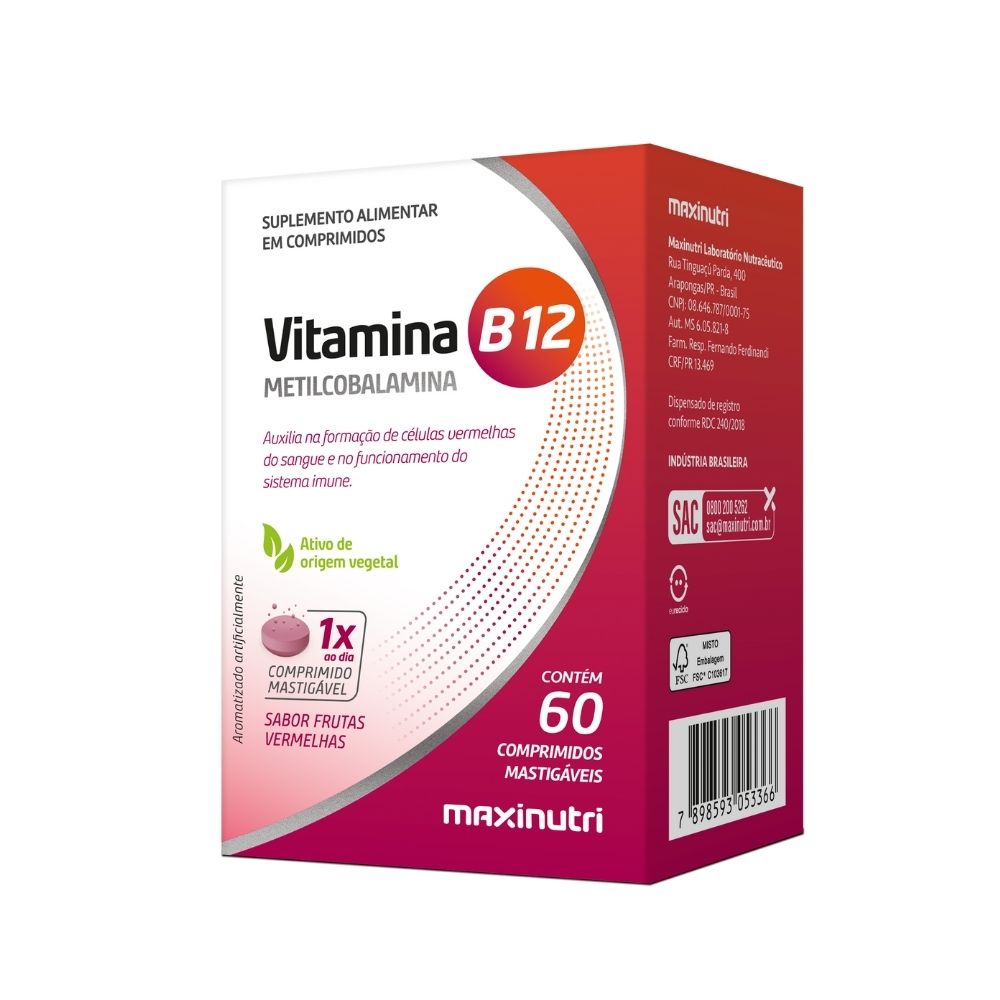 Suplemento Alimentar Maxinutri Vitamina B12 Frutas Vermelhas 60 Comprimidos Mastigáveis