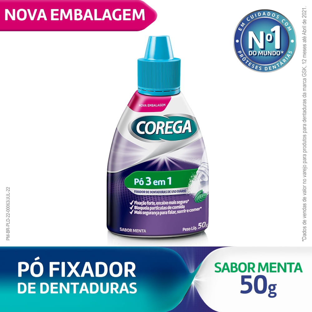 Fixador de Prótese Corega 3 em 1 Fixação Forte Sabor Menta Pó 50g