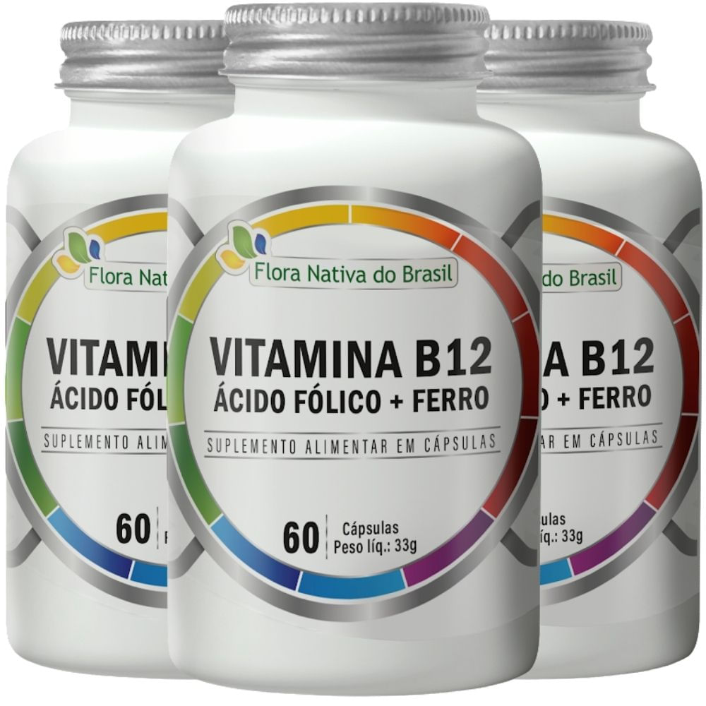Kit 3X Ferro + Ácido Fólico + B12 60 cápsulas - Flora Nativa