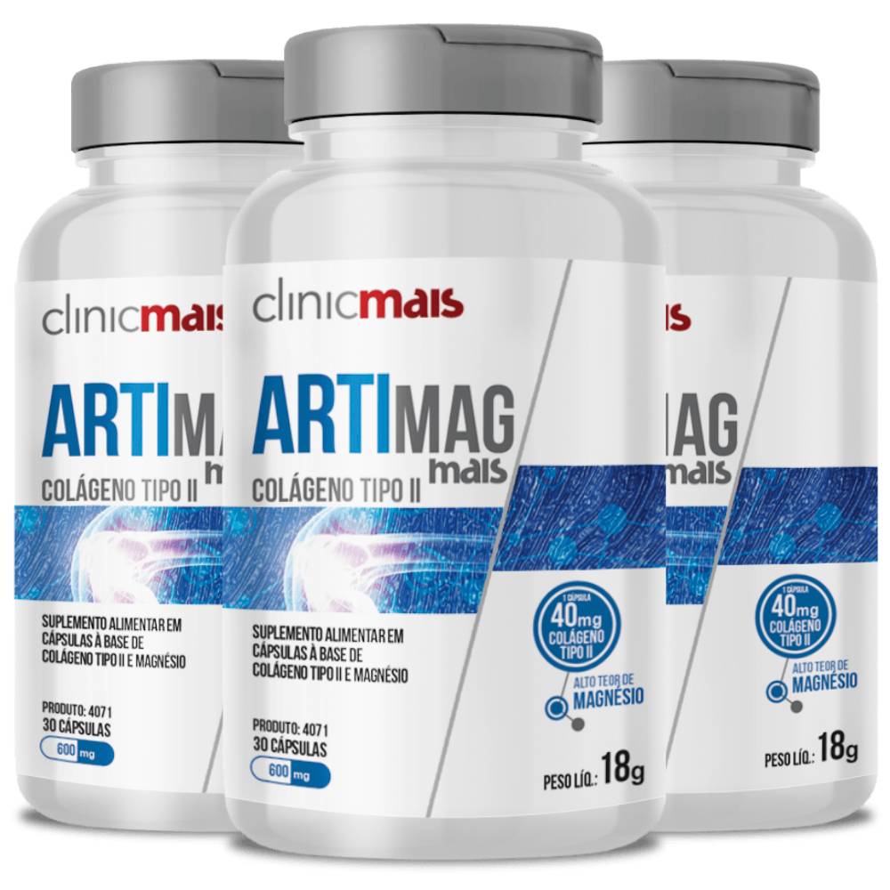 KIT 3X Artimag - Colágeno Tipo 2 + Magnésio - 30 Cápsulas - Clinicmais