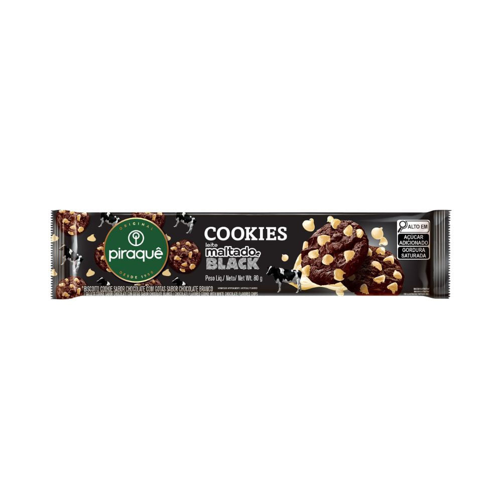 Biscoito Cookie Piraquê Leite Maltado Black Com Gotas De Chocolate Branco 80g