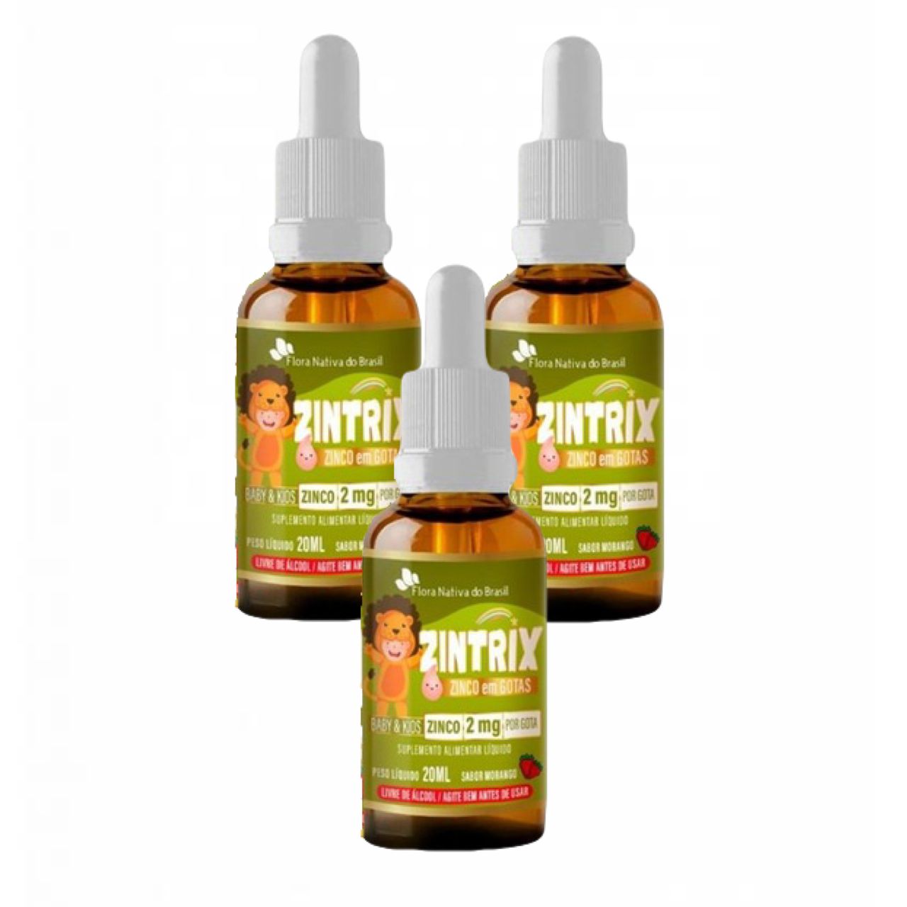3x Zintrix Zinco Em Gotas Kids - 20ml - Flora Nativa - Morango
