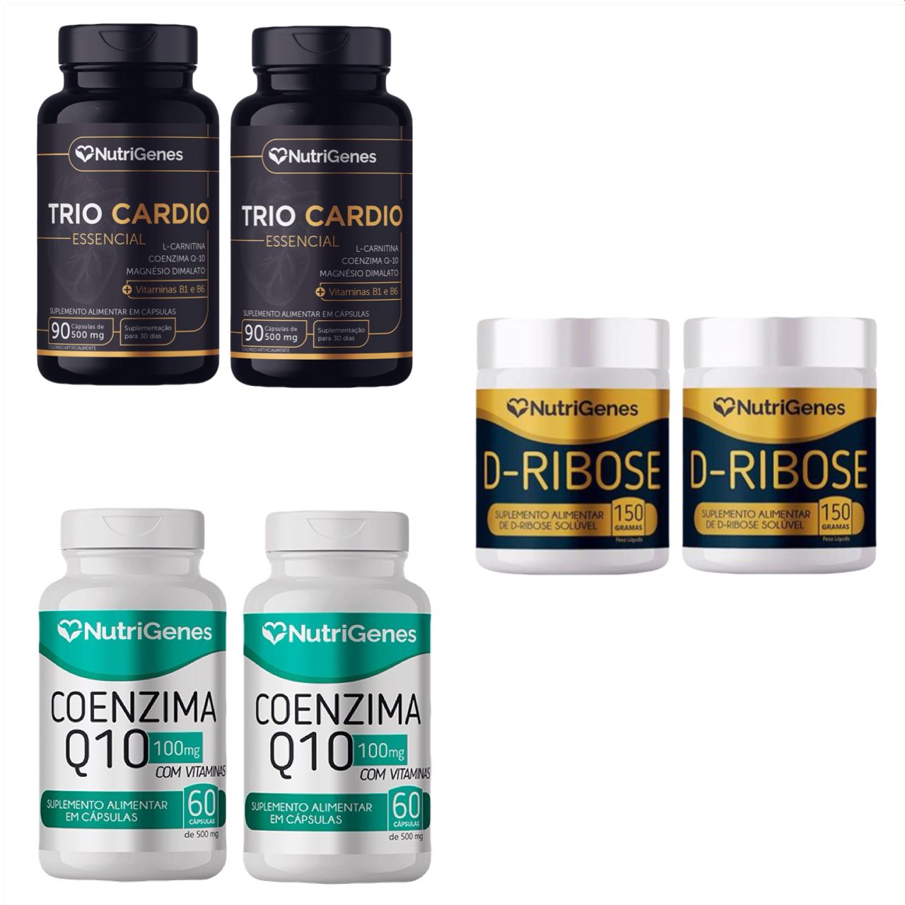 Kit com 2x Trio Cardio, 2x D-Ribose e 2x Coenzima Q10 (CoQ10) - Nutrigenes