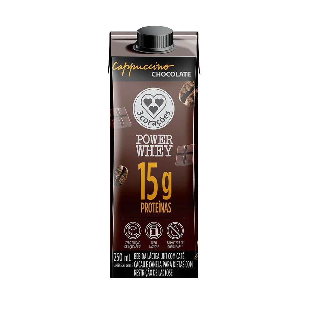 Bebida Láctea 3 Corações Power Whey Cappuccino Chocolate 15g De Proteínas Zero Lactose 250ml