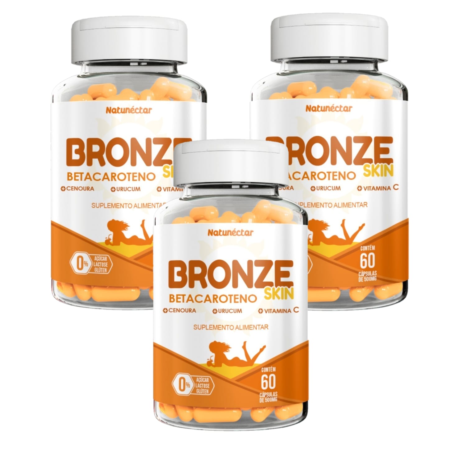 Bronze Skin - Betacaroteno, Urucum e Vitamina C - 500mg - 60 Cápsulas (3x)