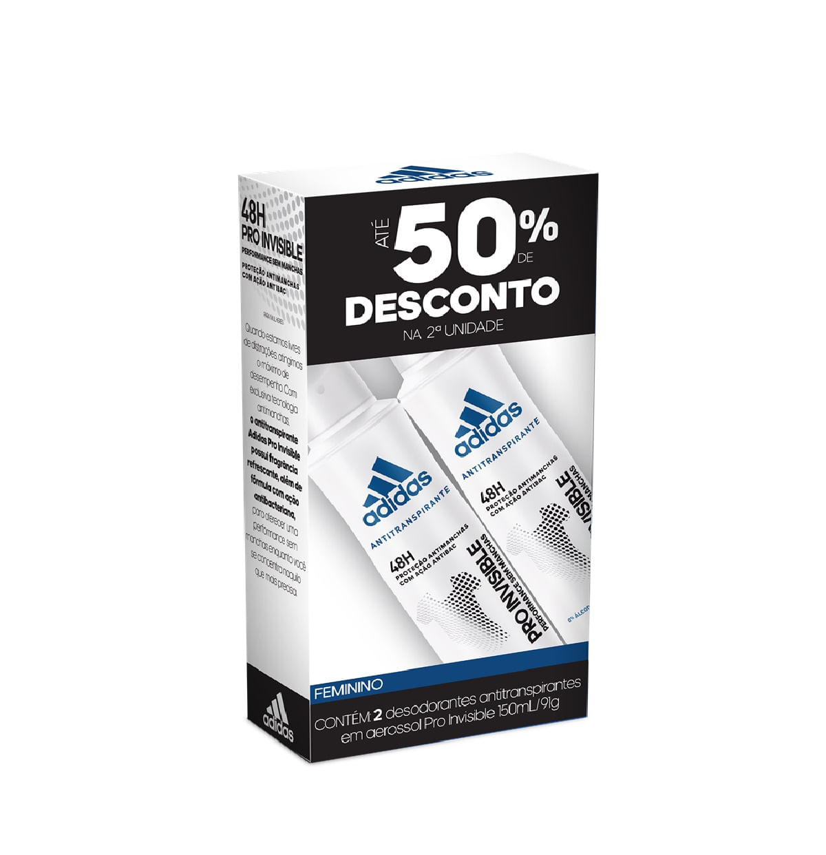 Desodorante Adidas Pro Invisible Feminino 150ml Com 50% Na 2ª Unidade