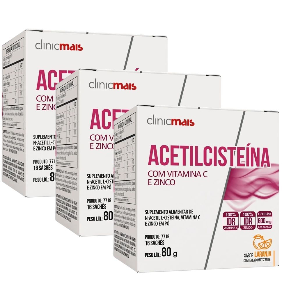 KIT 3X Acetilcisteína com Vitamina C e Zinco - 16 sachês - Clinicmais