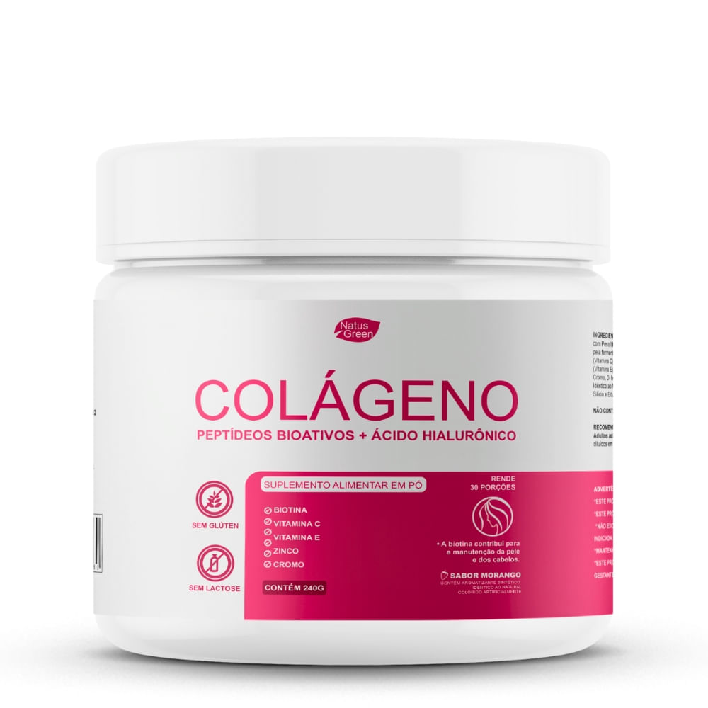 Colágeno Hidrolisado com Ácido Hialurônico 240g Sabor Morango Natus Green