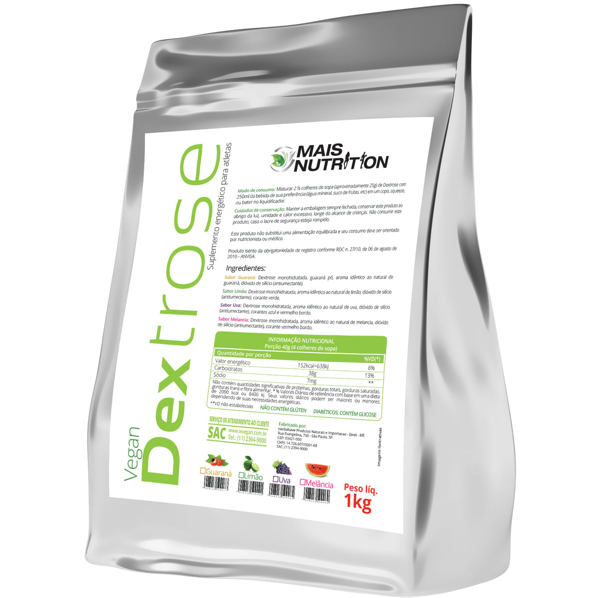 Dextrose 1kg Embalagem Refil Guarana WVegan Vegano