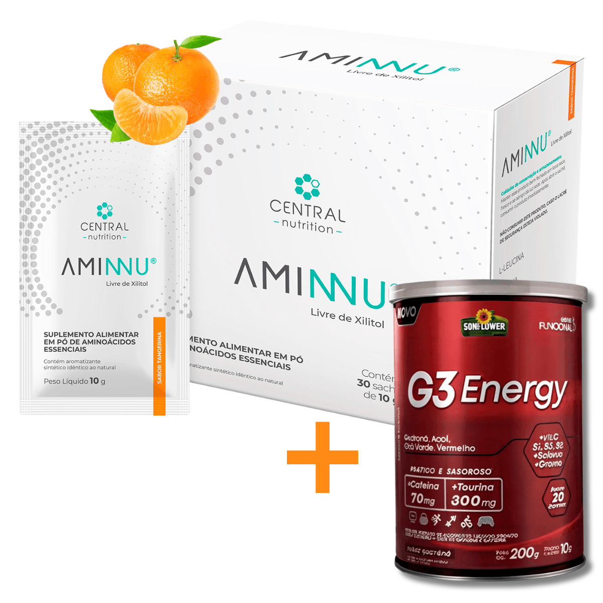 Aminnu Sem Xilitol - 10g - 30 Sachês - Central Nutrition - Sabor Tangerina - G3 Energy Cafeína Taurina - Pré Treino