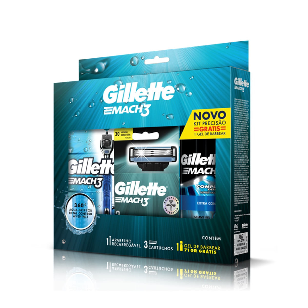 Kit Aparelho De Barbear Gillette Mach3 Acqua-Grip + 2 Cargas + Gel De Barbear Gillette Mach3 Complete Defense 72 Ml