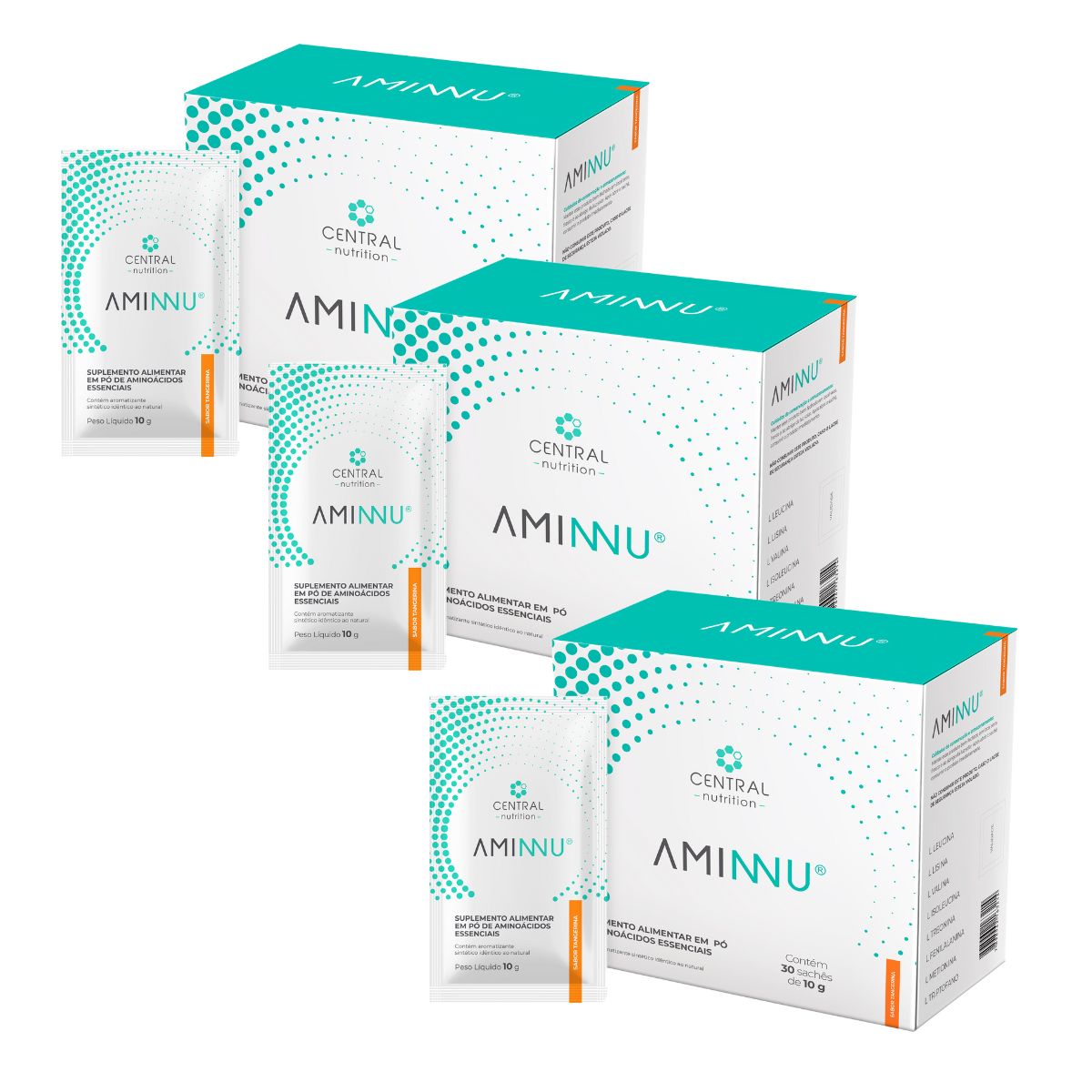 Kit com 3 Caixas Aminnu Central Nutrition Tradicional 10g - 30 Sachês - Sabor Tangerina