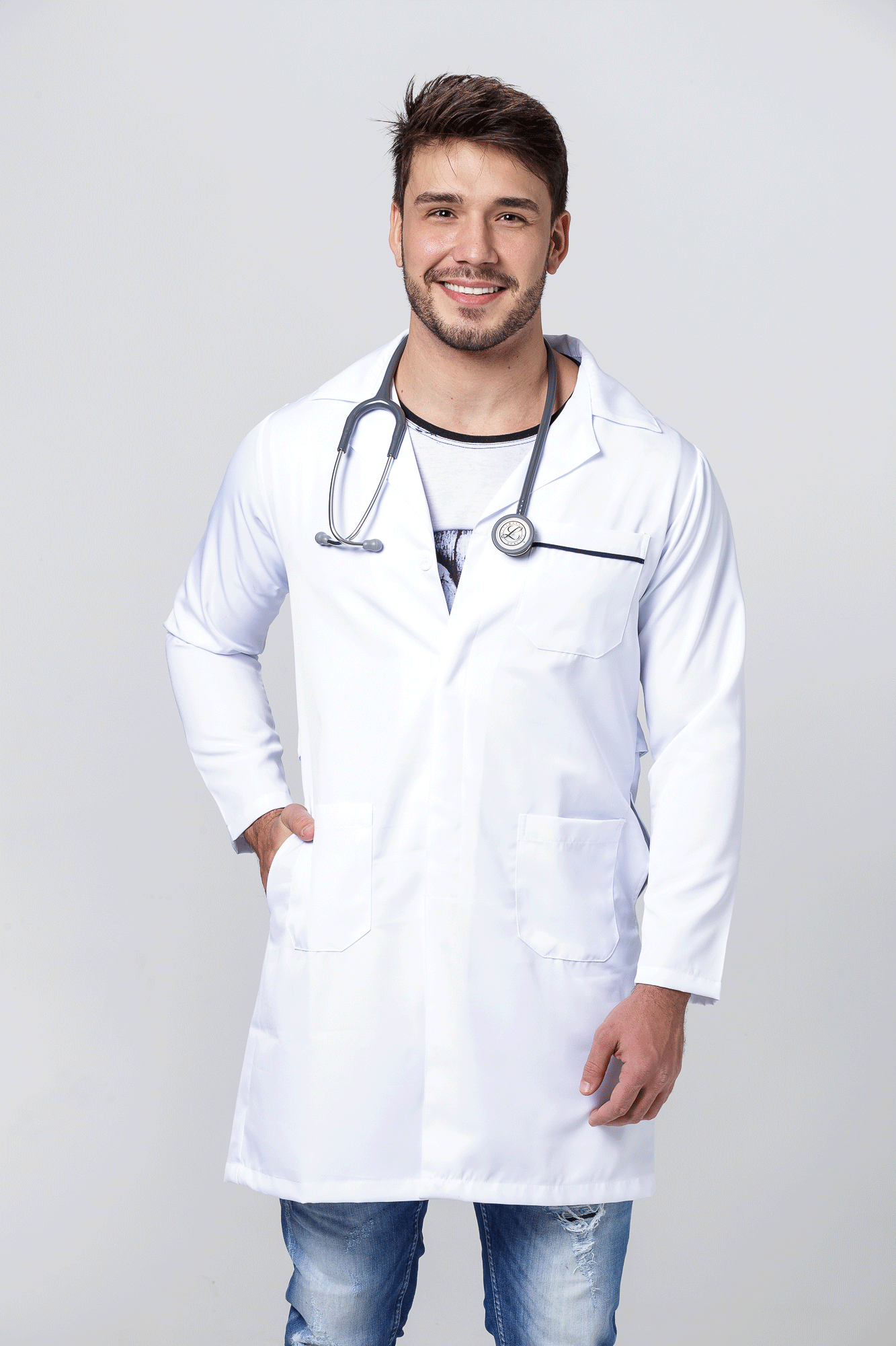 Jaleco Masculino Microfibra Gabardine com Viés Azul no Bolso