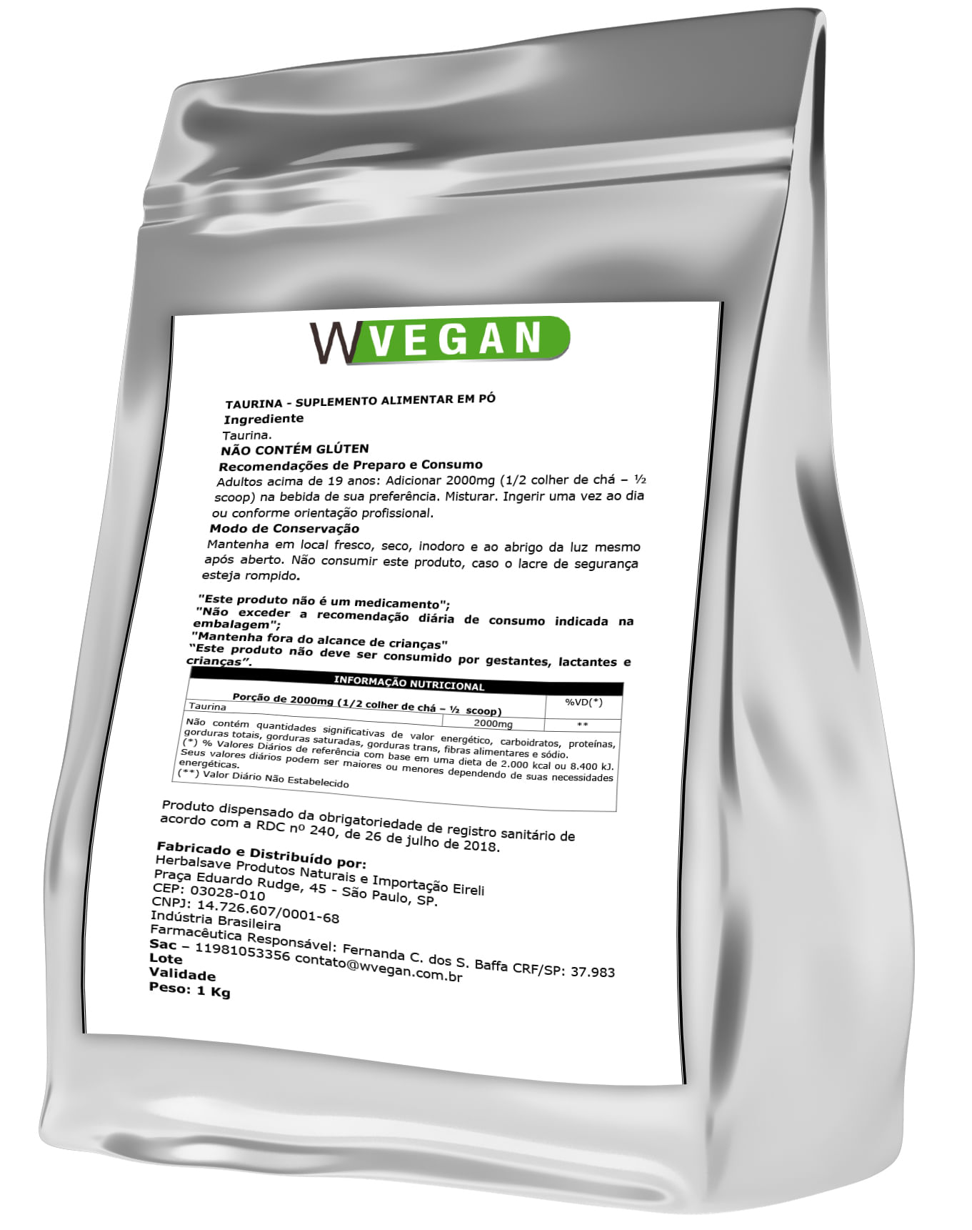 Taurina 1kg Embalagem Refil WVegan Vegano