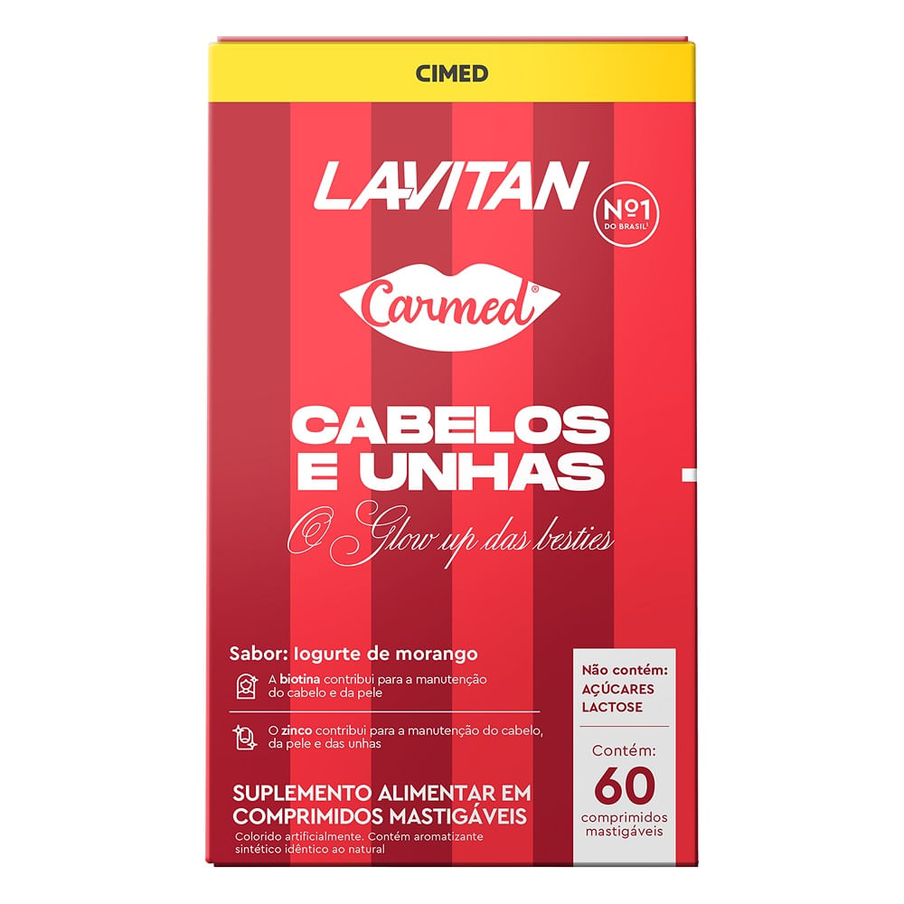 Lavitan Carmed Cabelos E Unhas Iogurte De Morango Zero Açúcar 60 Comprimidos Mastigáveis