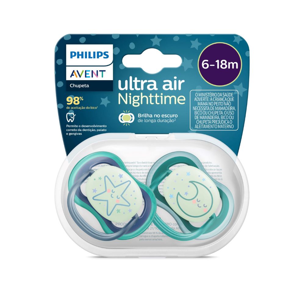 Chupeta Philips Avent Ultra Air Nigthtime +6 meses Azul e Verde 2 Unidades
