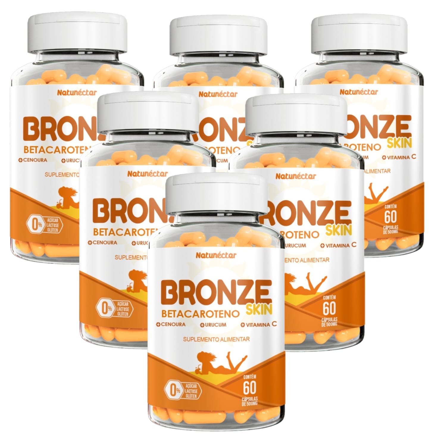6x Bronze Skin - Betacaroteno, Urucum e Vitamina C - 60 Cápsulas de 500mg