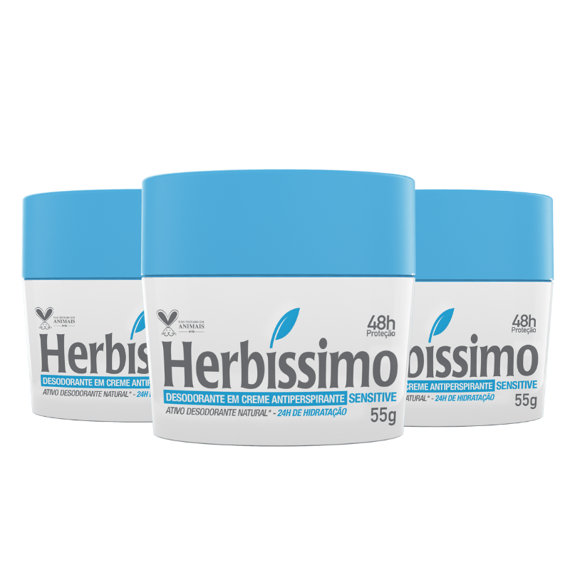 Kit Desodorante Creme Antitranspirante Sensitive Herbíssimo 55G - 3 unidades