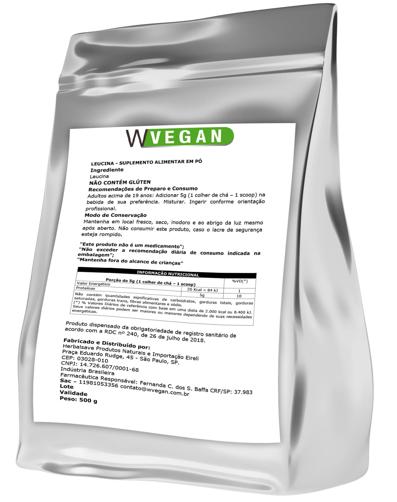 Leucina Vegan 500g Embalagem Refil WVegan Vegano