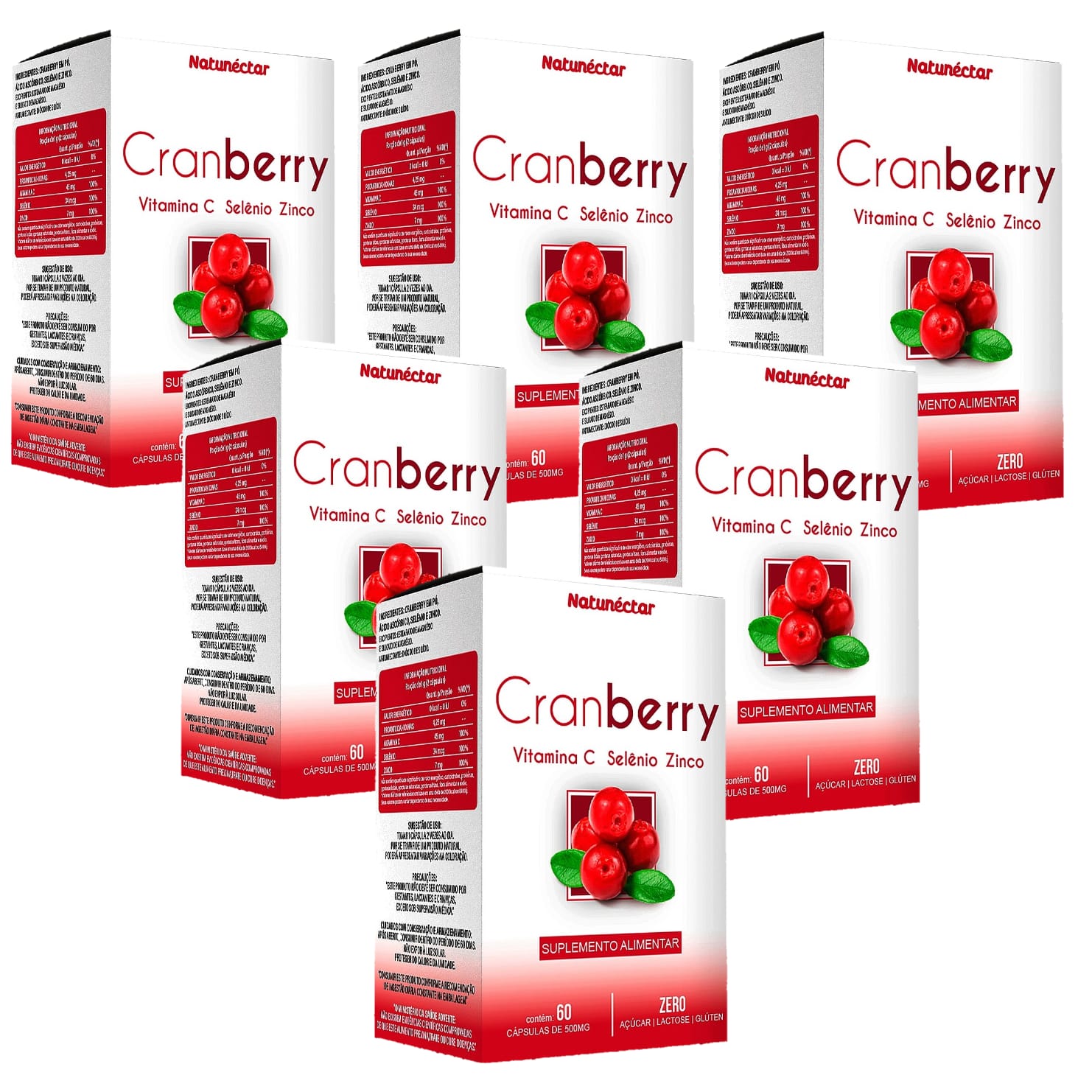 6x Cranberry + Vitamina C + Selênio + Zinco - 60 Cápsulas 500mg