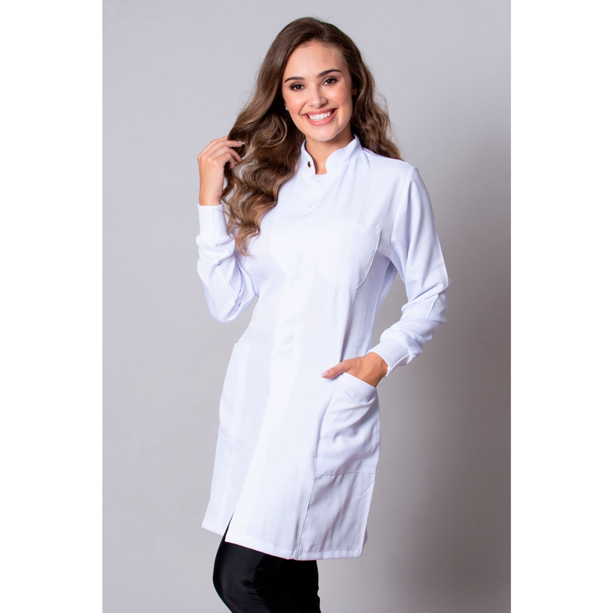 Jaleco Feminino Acinturado Gola Padre e Punho