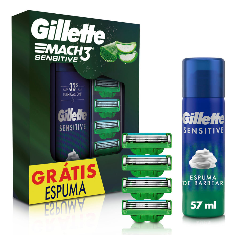 Kit Cargas para Aparelho de Barbear Recarregável Gillette Mach3 Sensitive 4 Unidades + Brinde Espuma de Barbear