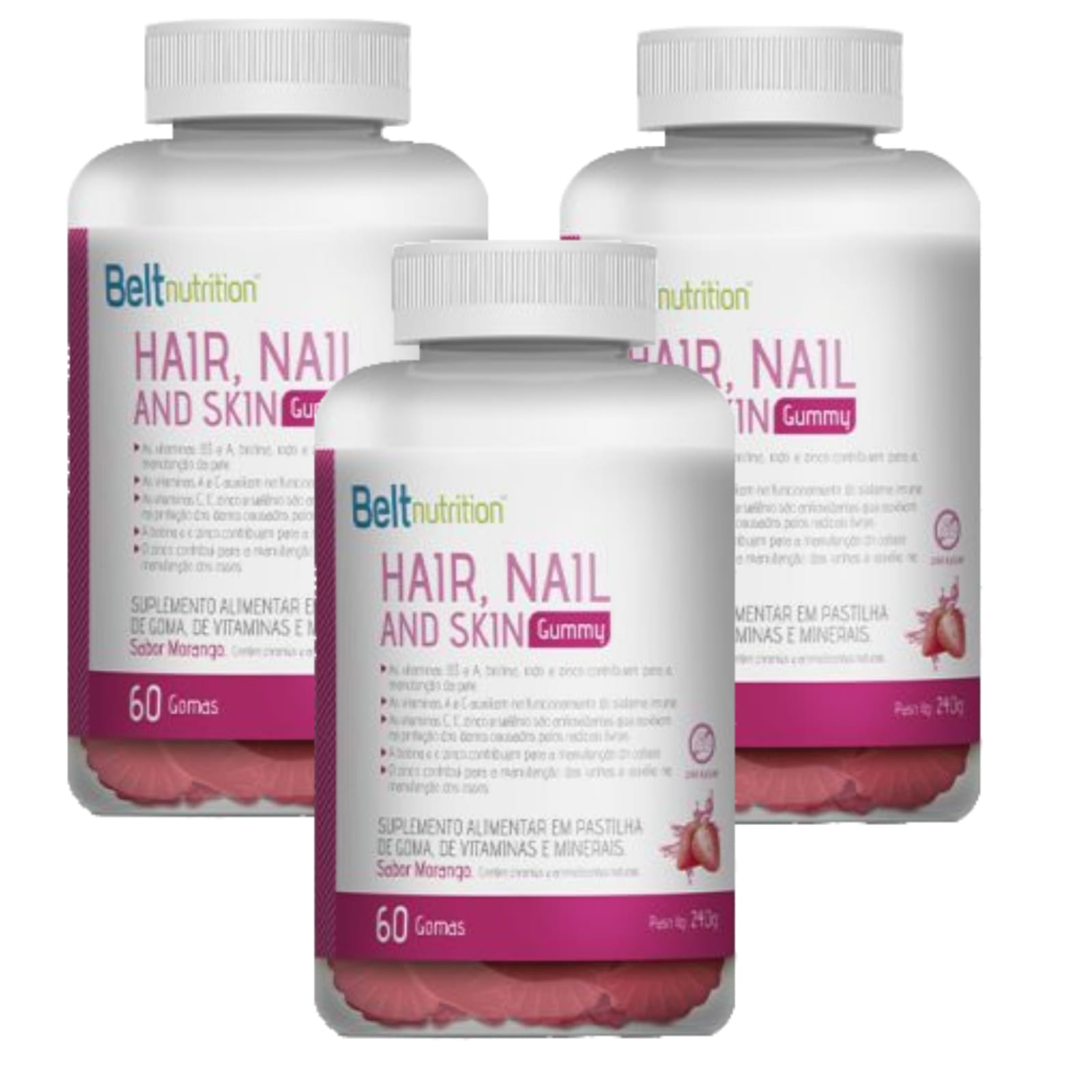 3x Belt Hair, Nail And Skin Gummy-Morango-60 gomas