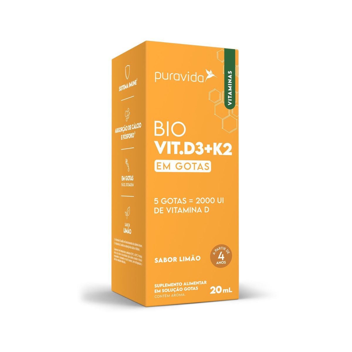 Vitaminas Puravida Bio Vit. D3 + K2 2000UI Gotas Sabor Limão 20ml